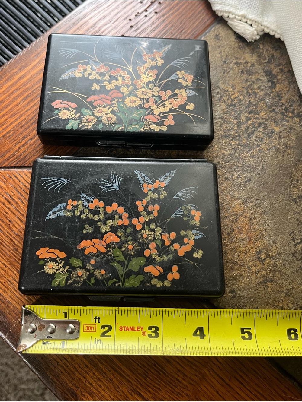 2 Black Floral Lacquer Boxes - Tissue & Makeup/jewelry holders.